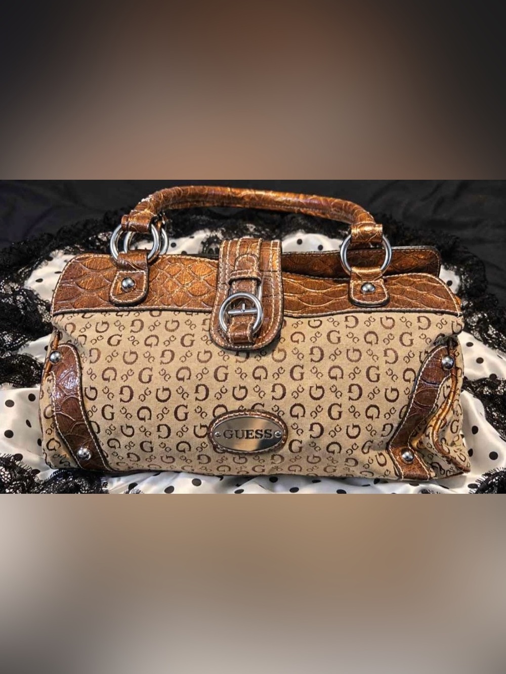 Vintage Y2K GUESS Tan & Brown Logo Satchel Bag
